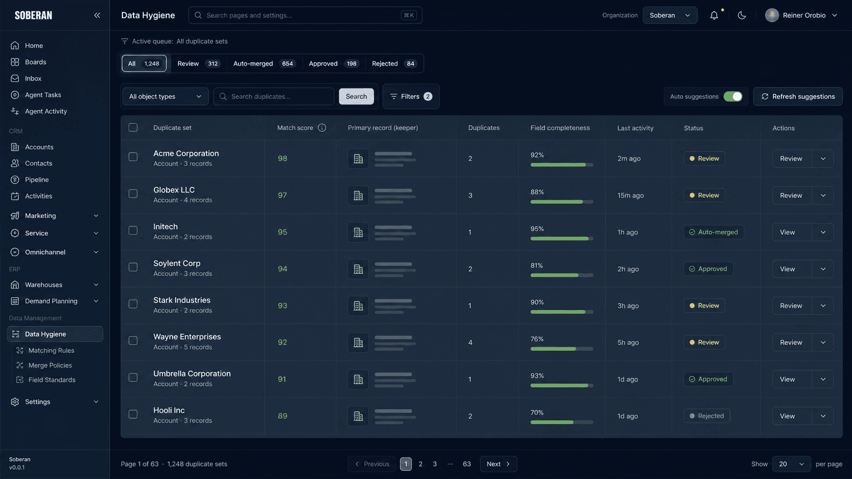 SOBERAN product UI for CRM data hygiene with duplicate account review, merge states, and field completeness
