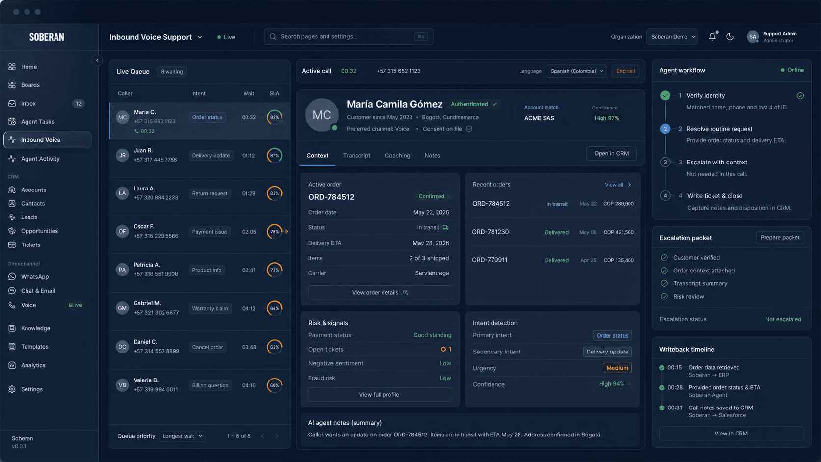 Consola estilo Soberan de soporte telefónico entrante con cola de llamadas, cliente autenticado, contexto de pedido, paquete de escalación y actualización CRM