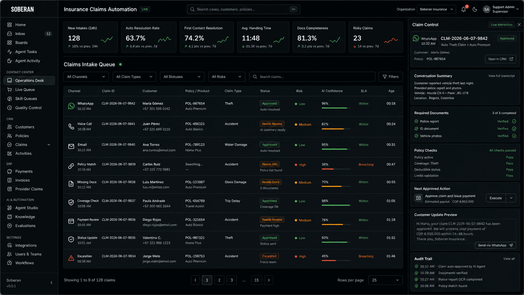 Soberan claims status dashboard showing WhatsApp and voice requests, policy checks, missing documents, payment review, escalation status, customer update preview, and audit history