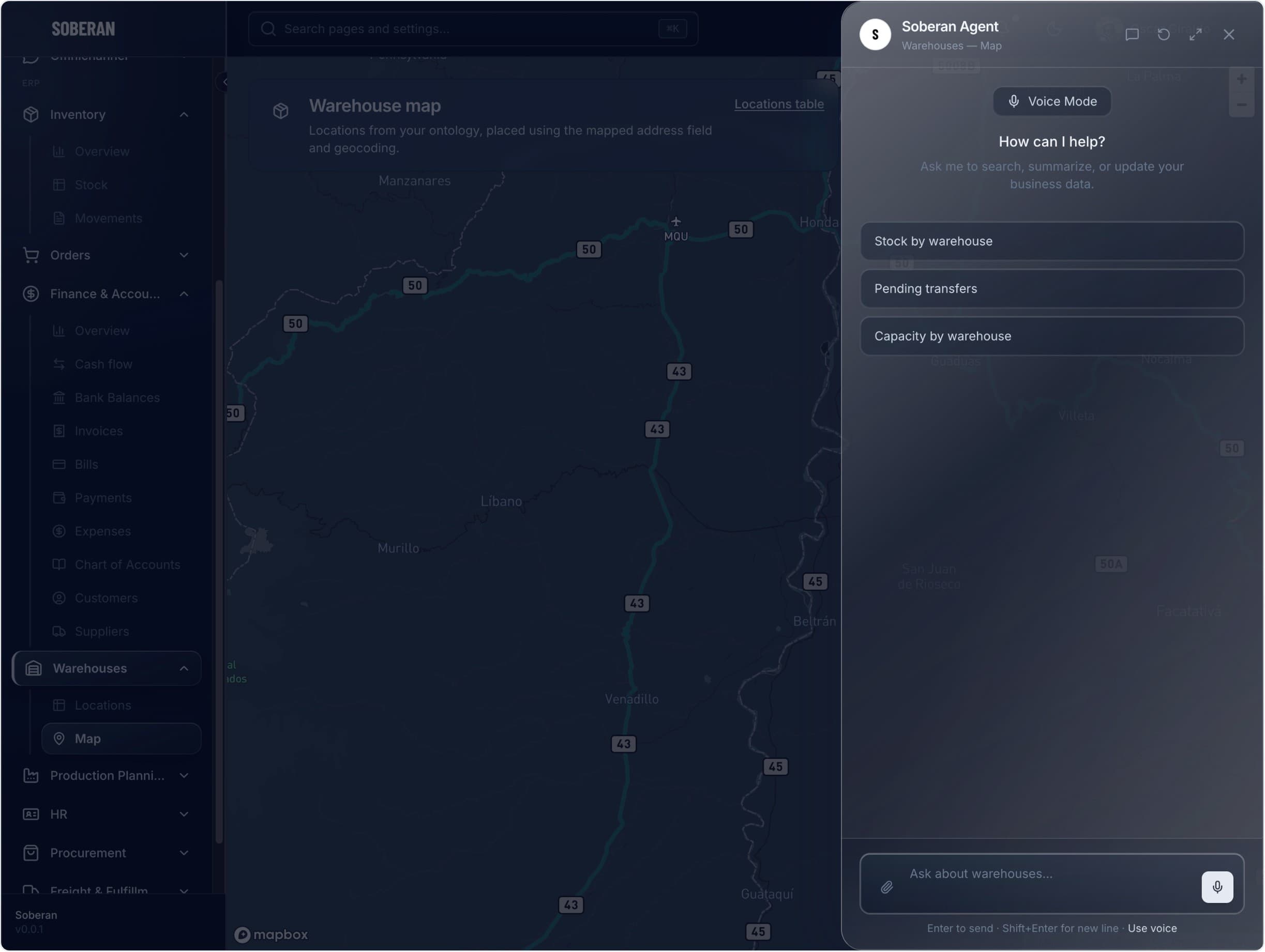 Soberan Agent in the warehouse module: tasks, alerts, and guided actions.